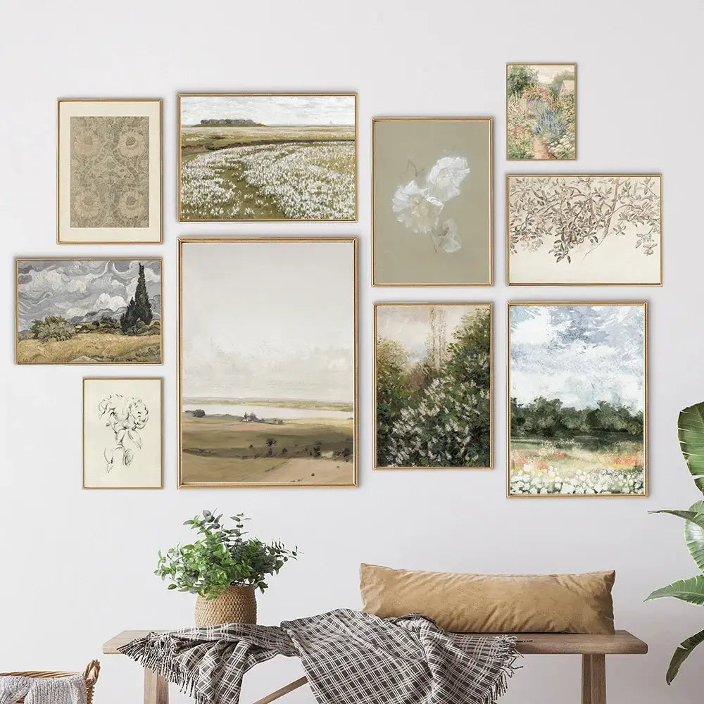 A collection of nine decorbites™ vintage summer landscape oil painting prints in muted earth tones with gold frames