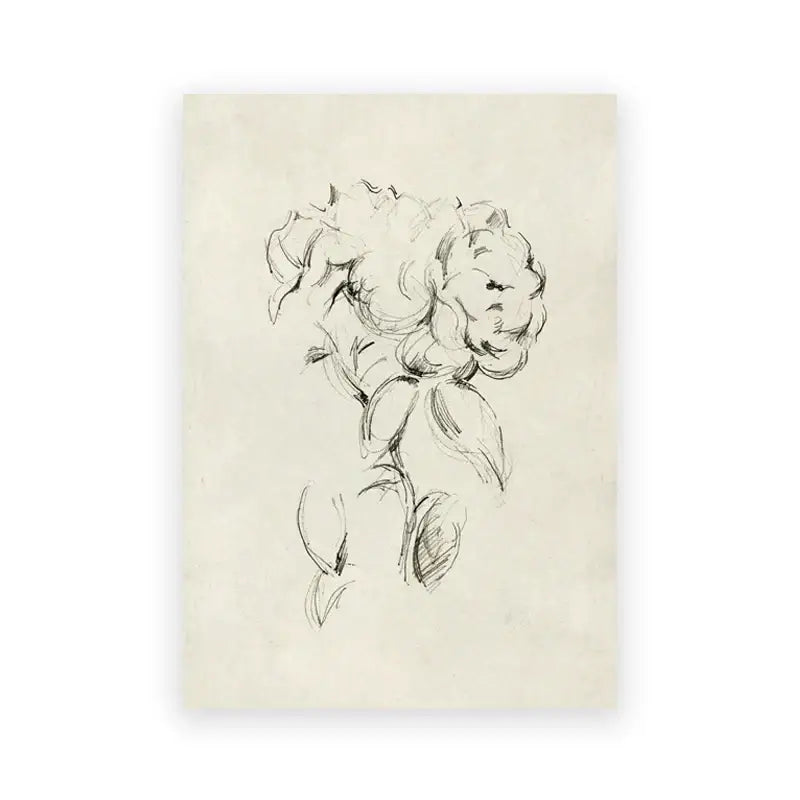 Decorbites™ vintage summer landscape canvas print with delicate black ink sketch of blooming peony on aged cream paper