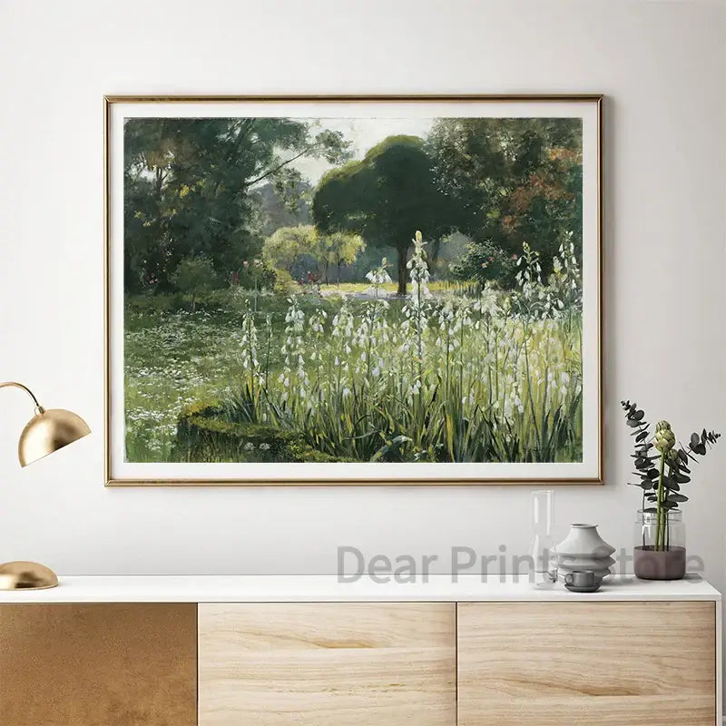 DecorBites™ vintage summer landscape oil painting print with lush green trees and white flowers in a gold-toned frame