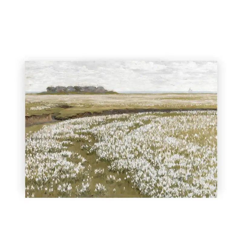 Decorbites™ vintage summer landscape canvas print of a rectangular oil painting depicting white flowers under an overcast sky