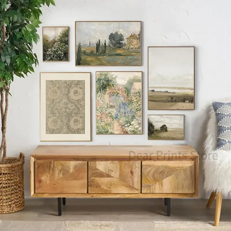 A rustic wooden console table with geometric inlay drawers paired with decorbites™ vintage summer landscape oil painting