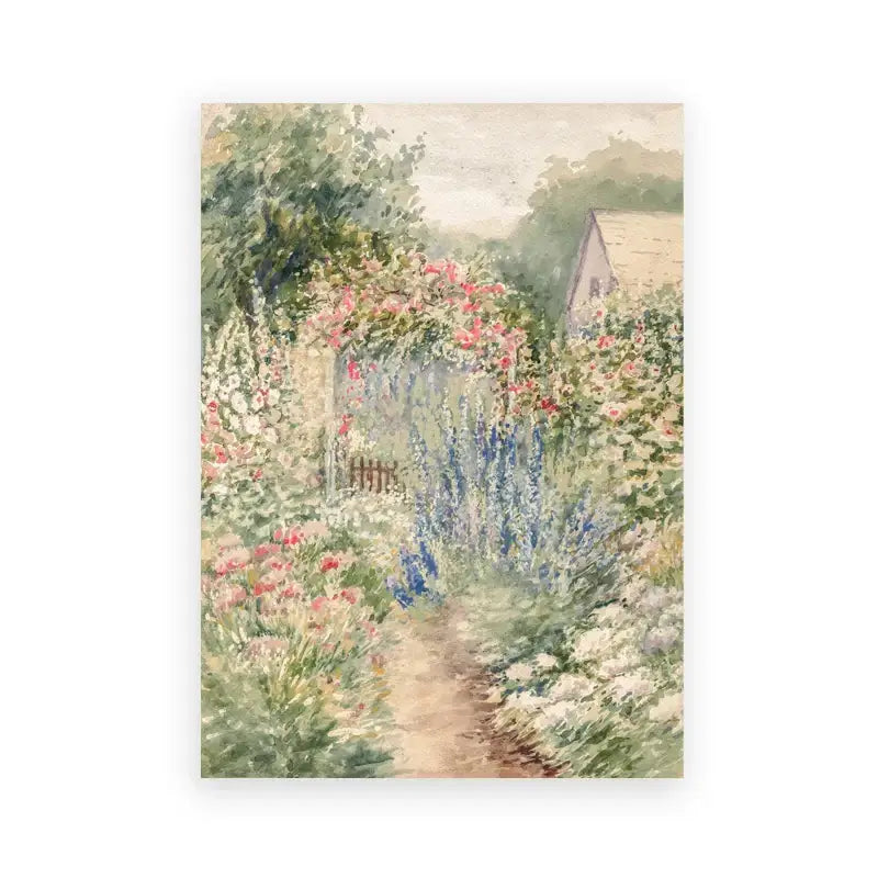 Decorbites™ vintage summer landscape canvas print featuring a soft watercolor garden path with vibrant flowers