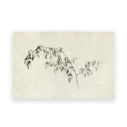 A delicate black ink sketch of a leafy branch on aged paper complements decorbites summer landscape oil painting print with soft green tones