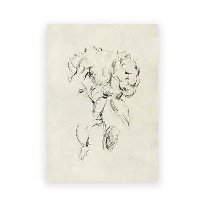 A delicate black ink sketch of a blooming peony on cream paper printed on a decorbites vintage summer landscape oil painting with soft green tones