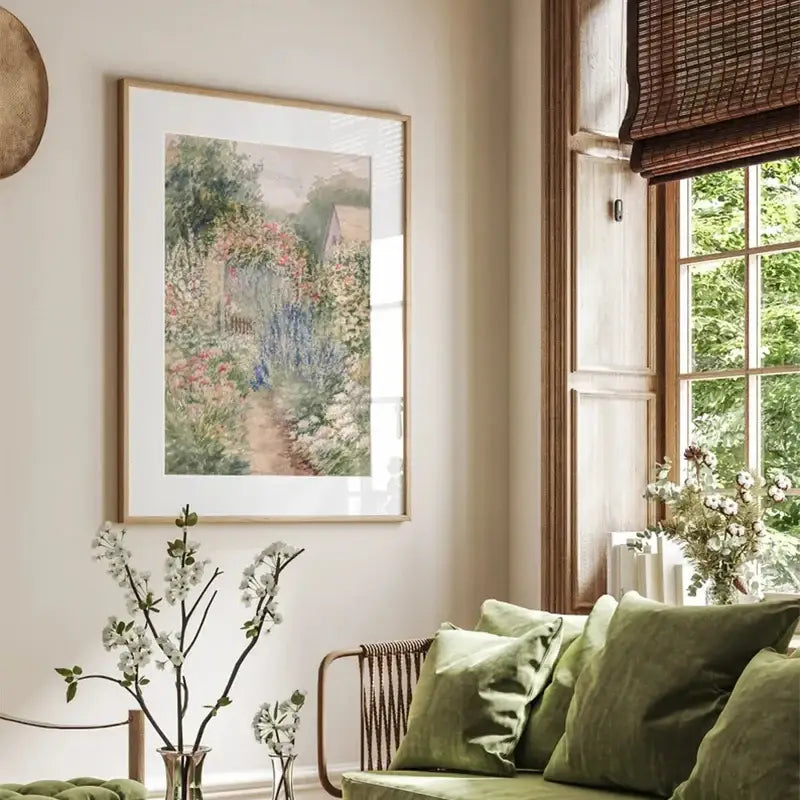 A framed DecorBites™ vintage summer landscape oil painting print depicting a lush garden path with flowering plants