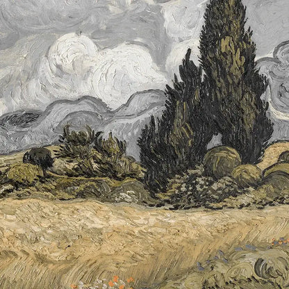 DecorBites™ vintage summer landscape oil painting print with textured cypress trees and soft green tones on canvas