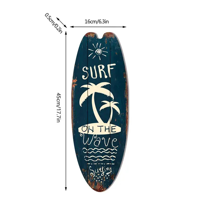 Dark blue vintage surfboard door sign with white palm trees sun design and surf on the wave lettering for beach home decor
