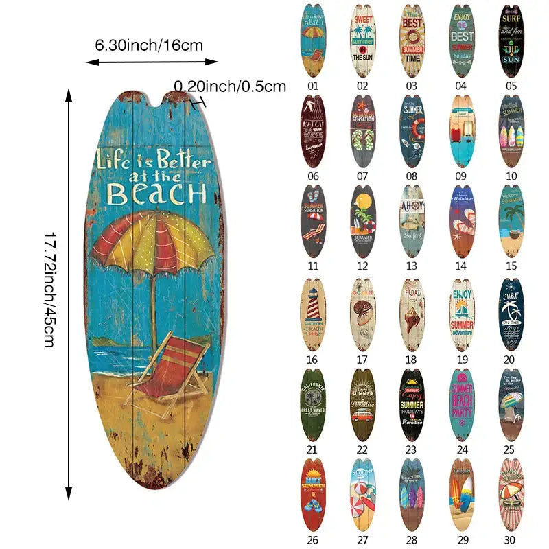 Decorbites vintage surfboard door sign with rustic wood and faded blue yellow beach scene for beach home door sign
