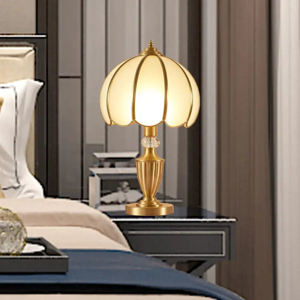 Gold-toned decorbites™ vintage white glass table lamp with scalloped edge cream petal shade and crystal accent 110v-120v 220v-240v