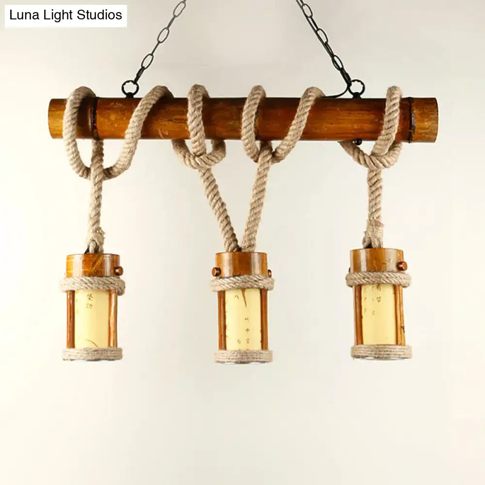 Decorbites vintage wood cylindrical pendant lamp with bamboo rod beige rope cord and frosted glass 110v-120v