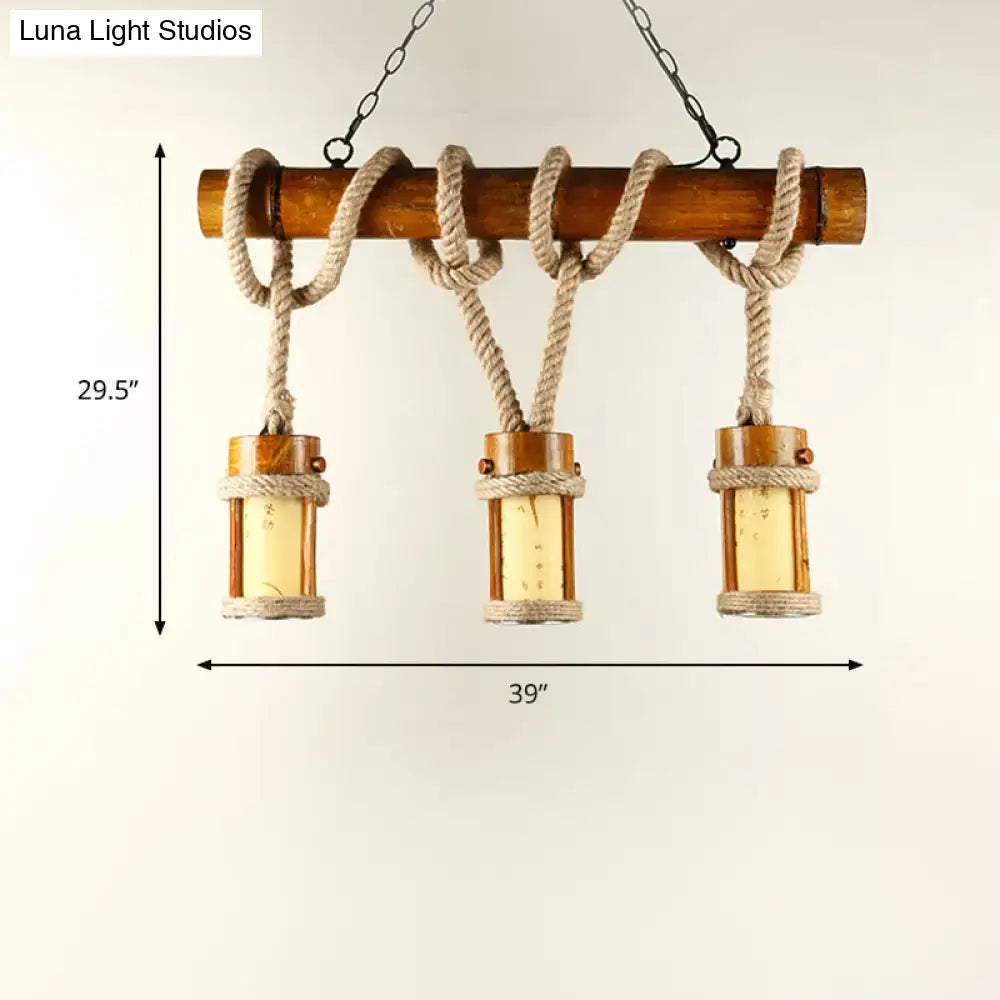 DecorBites vintage wood cylindrical pendant lamp set with bamboo lanterns and natural rope cord for 220v-240v lighting