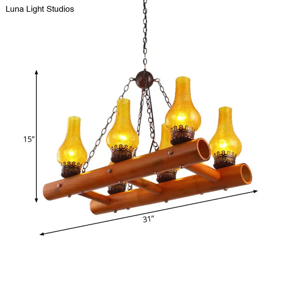 DecorBites vintage pendant light with yellow crackle glass shades and bamboo ladder design suspended by dark metal chains