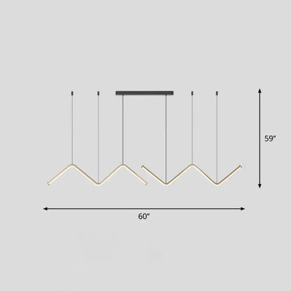 Modern minimalist DecorBites™ pendant light fixture with zigzag brushed gold metal and black mounting bar for dining room