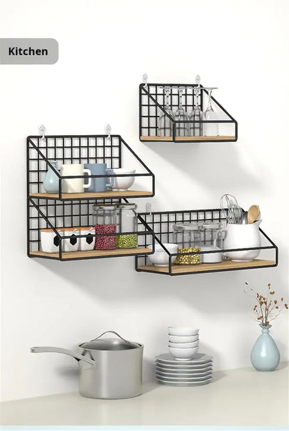 Decorbites™ wall mounted black metal grid shelves with wooden slats holding kitchenware for organized storage