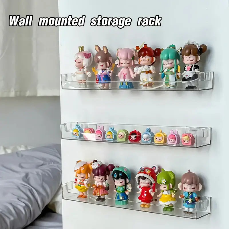 DecorBites™ clear acrylic wall mounted transparent storage rack holding colorful cartoon figurines