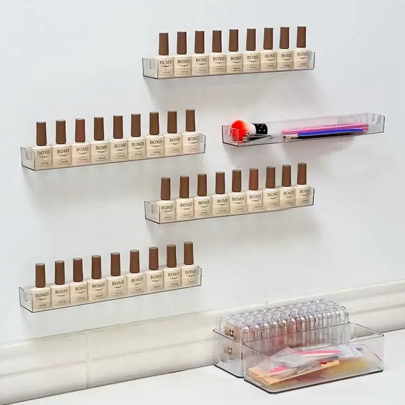 DecorBites™ wall mounted transparent acrylic storage rack holding multiple rows of beige bomb bottles with brown caps