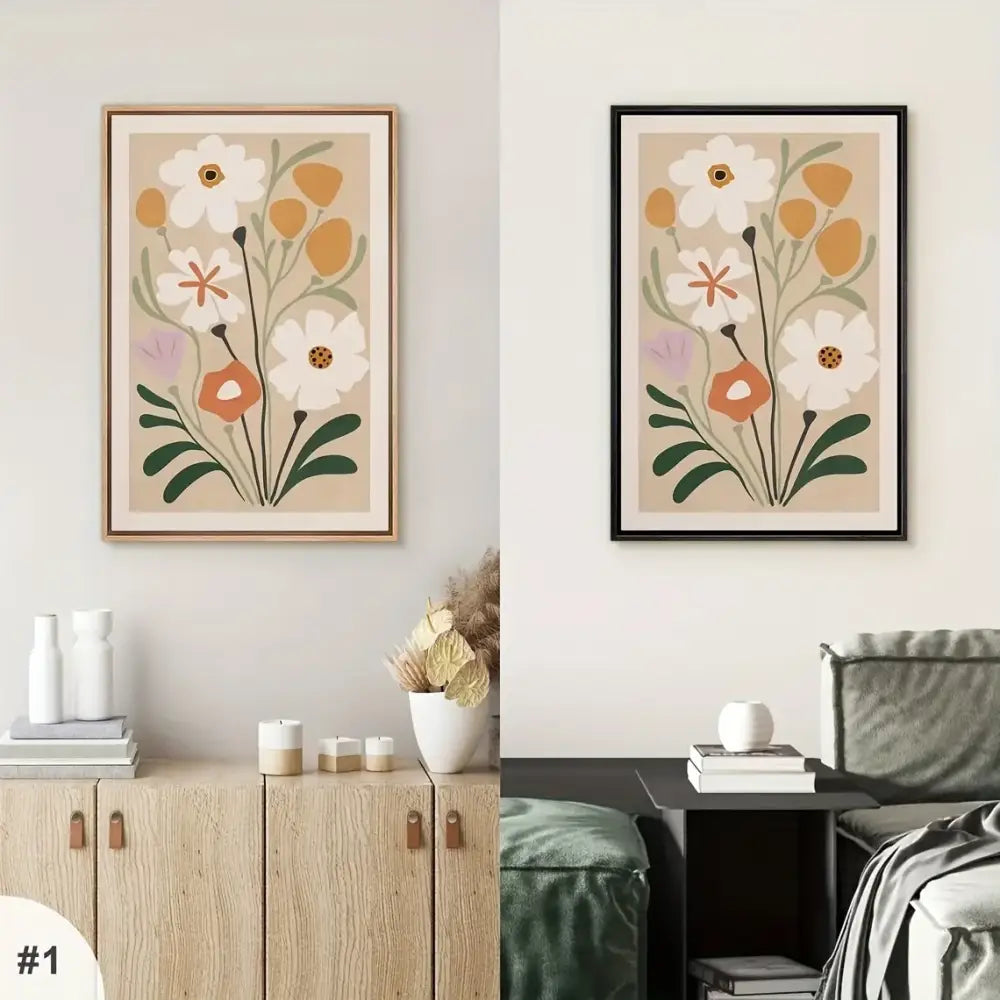 Two framed watercolor flower posters featuring white orange and purple flowers on beige background by DecorBites