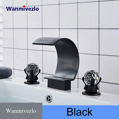 Black matte waterfall bathroom basin faucet with crystal globe handles from wannivezlo hot cold mixer model