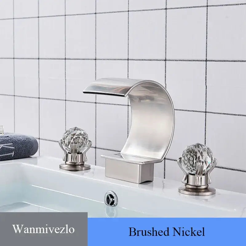 Brushed nickel waterfall bathroom basin faucet with crystal knob handles for hot cold mixer by decorbites
