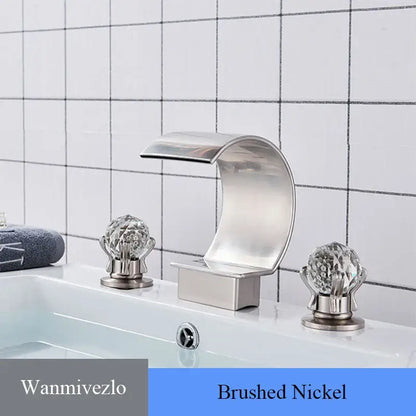 Brushed nickel waterfall bathroom basin faucet with crystal knob handles for hot cold mixer by decorbites