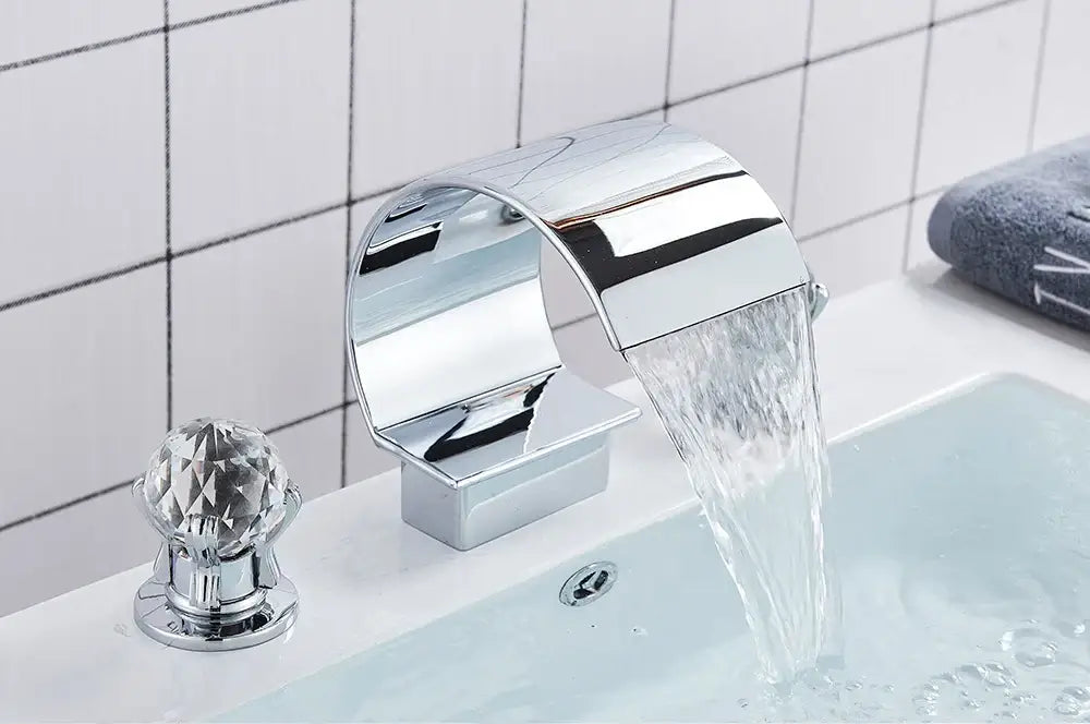 Decorbites™ waterfall bathroom basin faucet with chrome finish and faceted crystal knob for hot cold mixer use