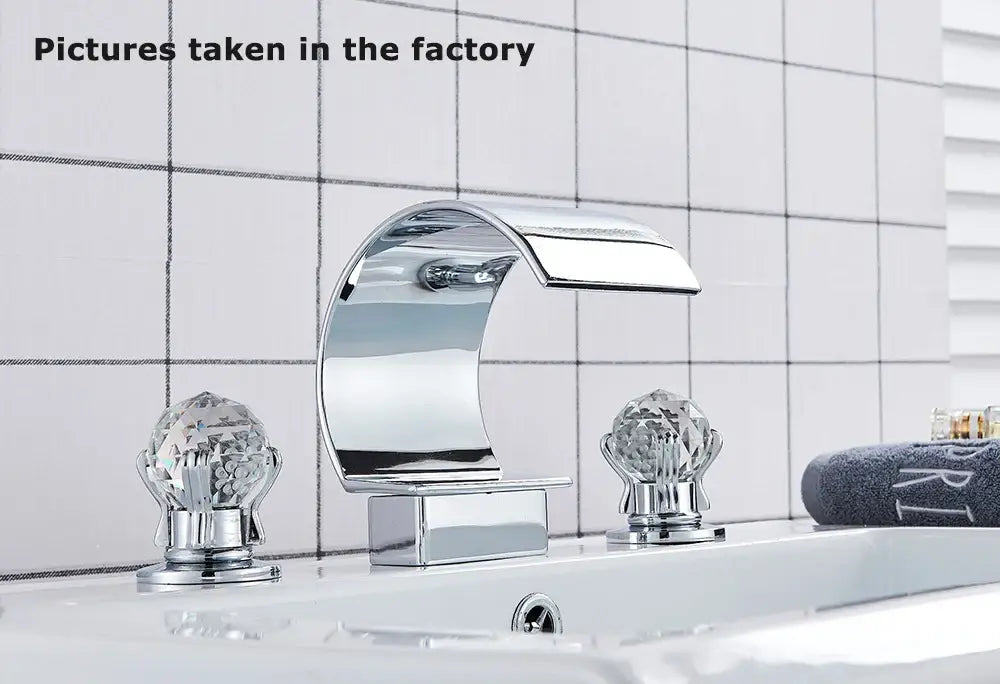 Decorbites waterfall bathroom basin faucet chrome finished with crystal knob handles hot cold mixer