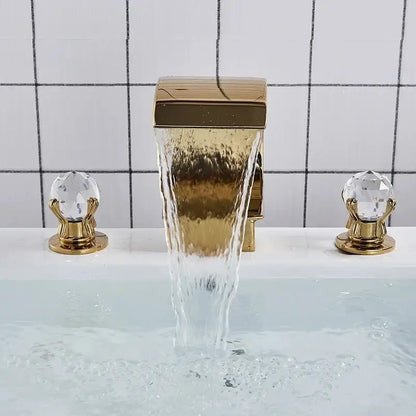 Gold waterfall bathroom basin faucet with crystal knobs decorbites™ hot cold mixer for elegant bathroom basin use