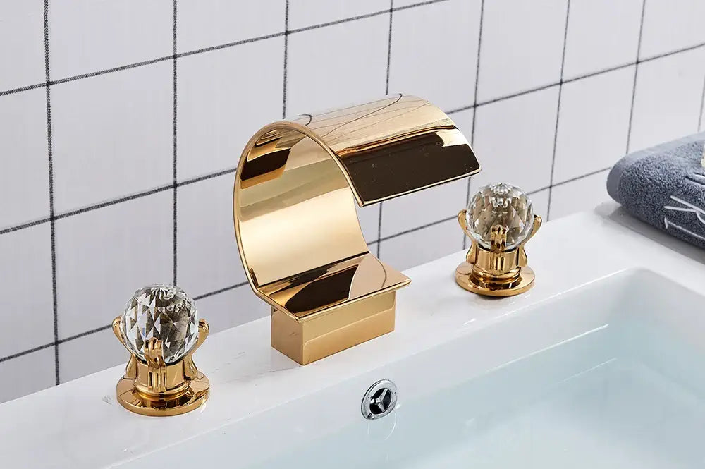 Gold-colored waterfall bathroom basin faucet with crystal knob handles decorbites™ hot cold mixer