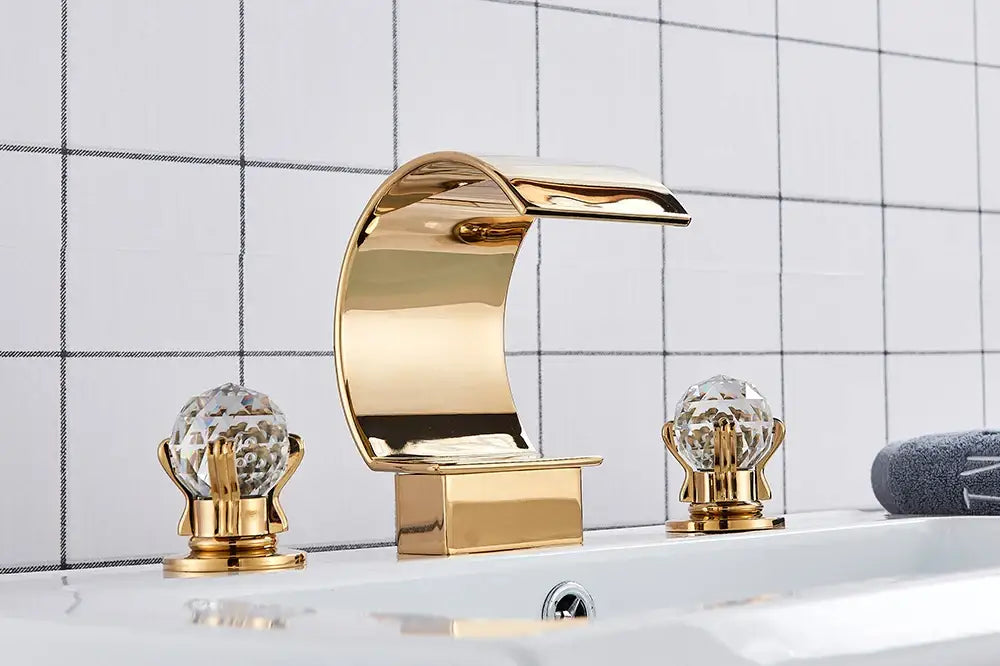 Decorbites™ gold waterfall bathroom basin faucet with crystal knob handles hot cold mixer for bathroom basin