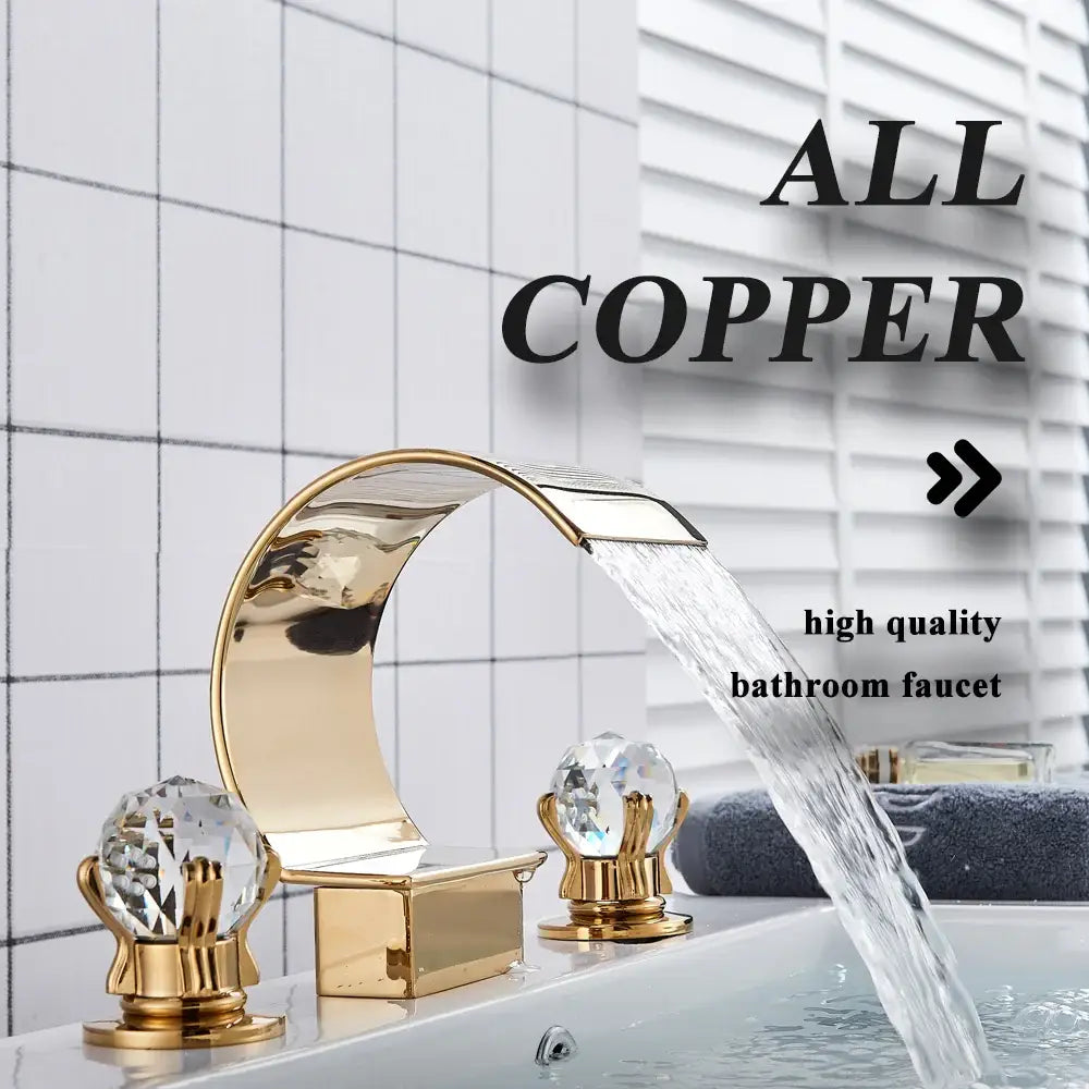 Gold-colored copper waterfall bathroom basin faucet with crystal knob handles hot cold mixer by decorbites