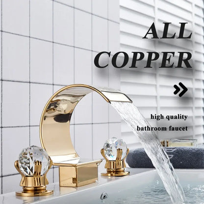 Gold-colored copper waterfall bathroom basin faucet with crystal knob handles hot cold mixer by decorbites