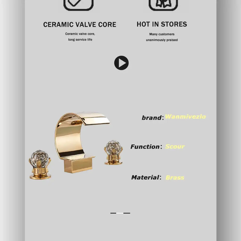 Gold brass DecorBites™ waterfall bathroom basin faucet with crystal-encrusted handles and sleek curved spout for hot cold mixer