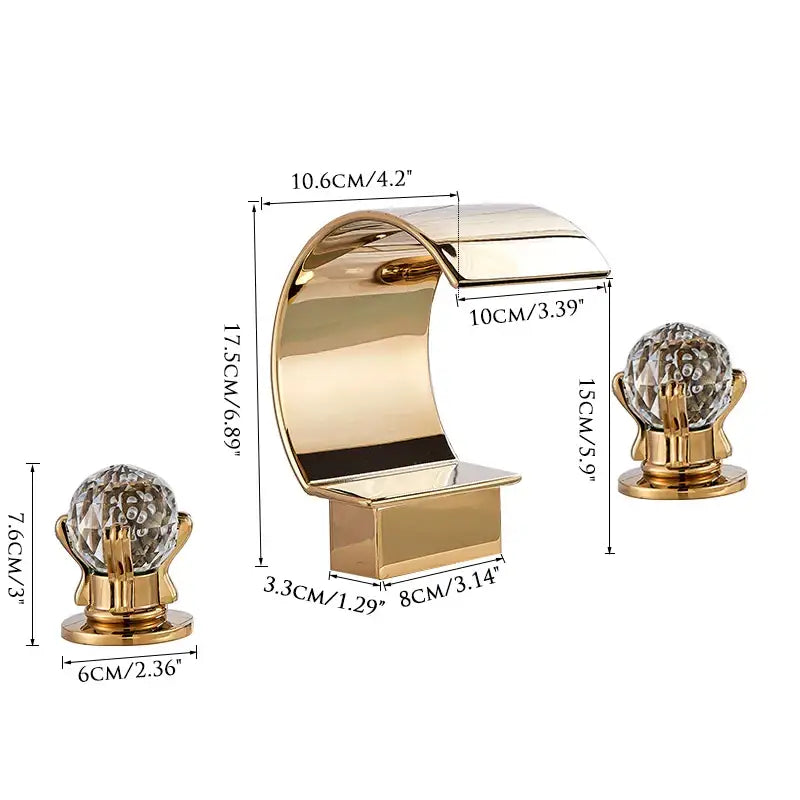 Gold-toned curved shelf bracket with polished finish and crystal ball finials for waterfall bathroom basin faucet decorbites