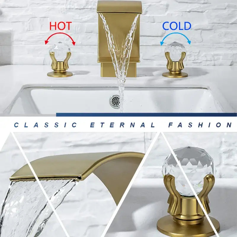 Gold-toned DecorBites™ waterfall bathroom basin faucet with crystal knob handles and waterfall spout design for hot cold mixer