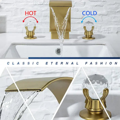 Gold-toned DecorBites™ waterfall bathroom basin faucet with crystal knob handles and waterfall spout design for hot cold mixer
