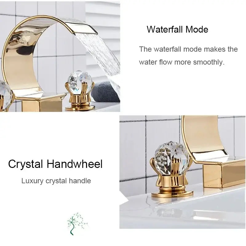 Gold-toned DecorBites waterfall bathroom basin faucet with faceted crystal handwheel hot cold mixer