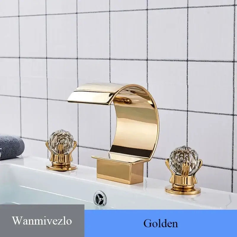 Golden waterfall bathroom basin faucet with crystal knob handles decorbites™ hot cold mixer design