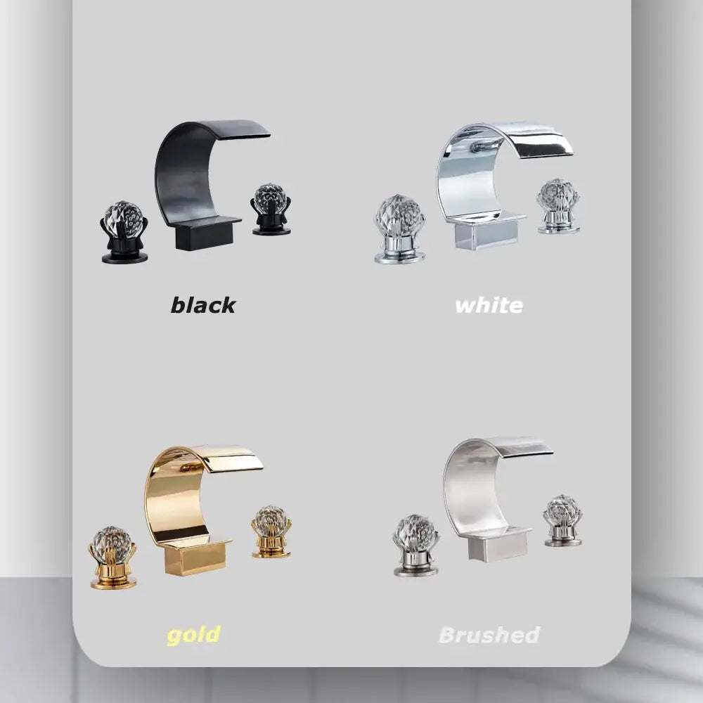 Modern DecorBites™ waterfall bathroom basin faucet set with crystal knobs in black white gold and brushed metal finishes