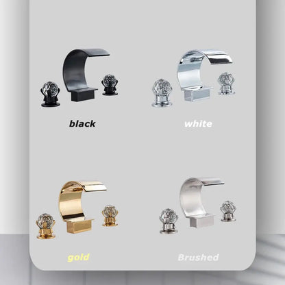 Modern DecorBites™ waterfall bathroom basin faucet set with crystal knobs in black white gold and brushed metal finishes
