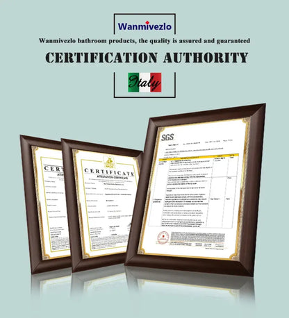 Three framed certification documents in dark brown and gold trim displayed with decorbites waterfall bathroom basin faucet