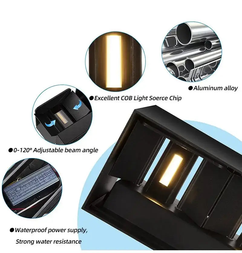 Black rectangular led wall light with warm white output made of aluminum alloy for indoor and outdoor use