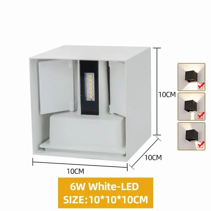 White 10cm cube-shaped aluminum led wall light with visible internal components for indoor and outdoor use by decorbites
