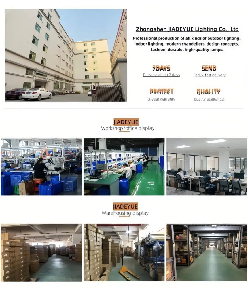 Promotional collage of zhongshan jiadeyue lighting co ltd showcasing waterproof led outdoor wall light and factory workshop