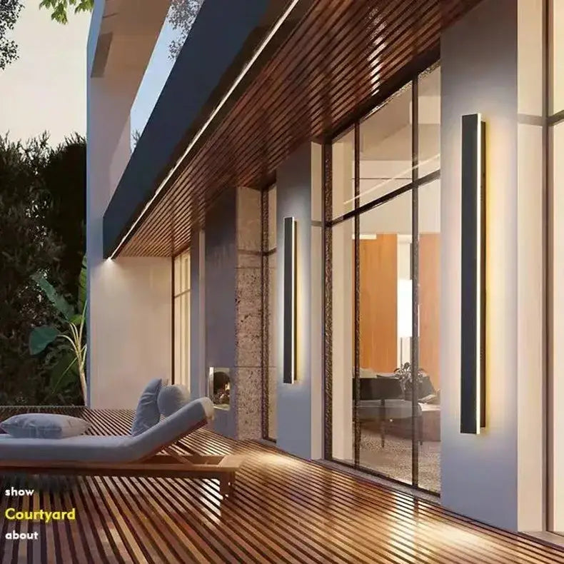 Decorbites™ waterproof led outdoor wall light with modern black and gold linear design and sleek minimalist style