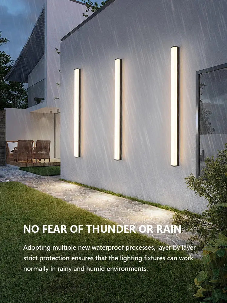 Three sleek decorbites waterproof led outdoor wall lights with minimalist design and warm white long strip led glow