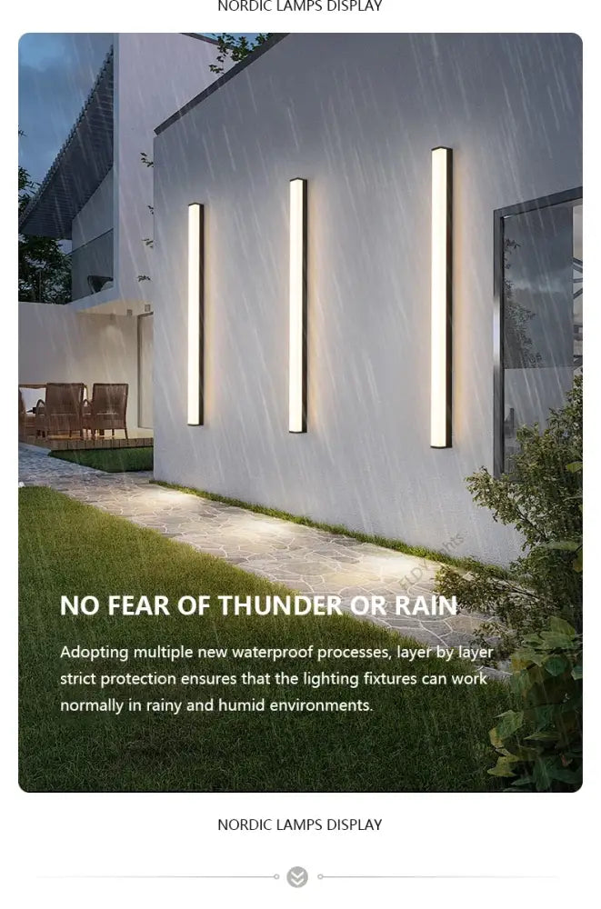 Three sleek modern decorbites™ waterproof led outdoor wall lights with warm white long strip led minimal design