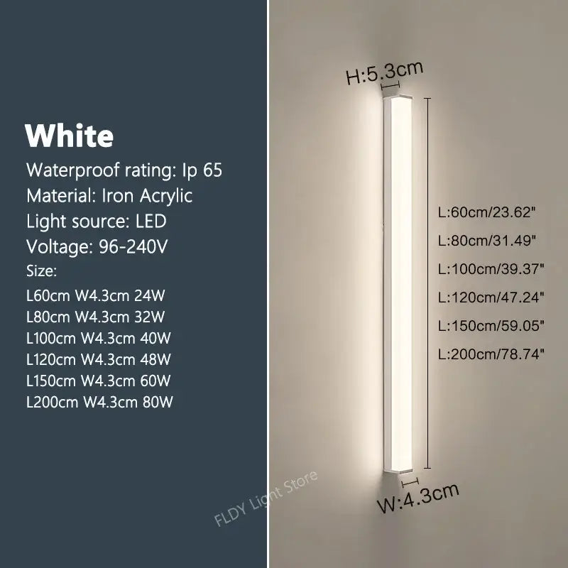 White led waterproof led outdoor wall light with sleek iron and acrylic design available in various lengths