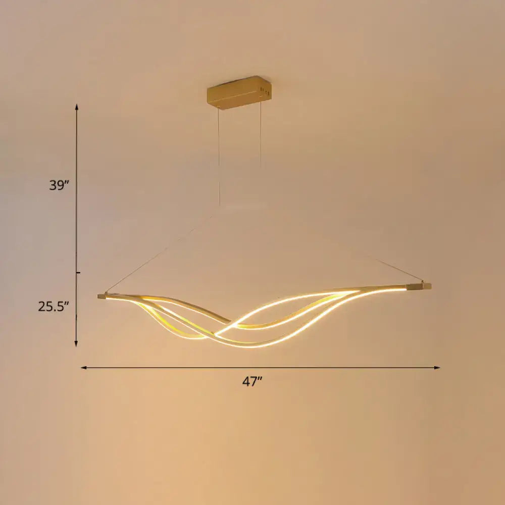 Modern gold-finished wave shaped metal led island light fixture with flowing intertwined strips for dining room island light