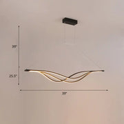 Modern black metal island light fixture with three intertwined gold toned led wave shaped light strips for dining room