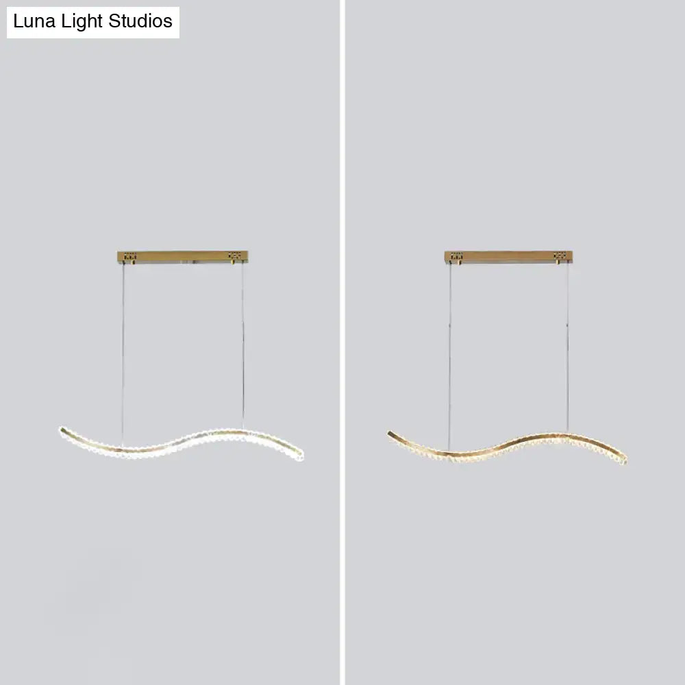 Modern gold-toned wave-shaped led pendant light with silver gold crystal accents for dining room with remote control